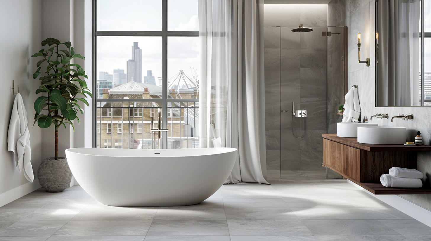 large freestanding white bathtub, smooth matte finish tub with soft curved edges, positioned near a floor-to-ceiling window overlooking a London skyline
