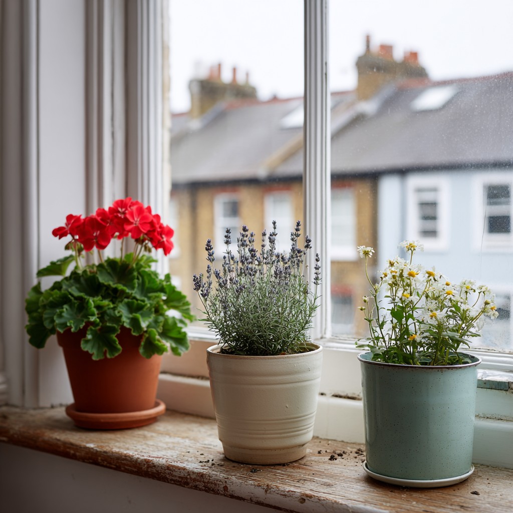 Three potted flowering plants arranged along a narrow wooden window sill inside a cosy Stoke Newington, London flat
